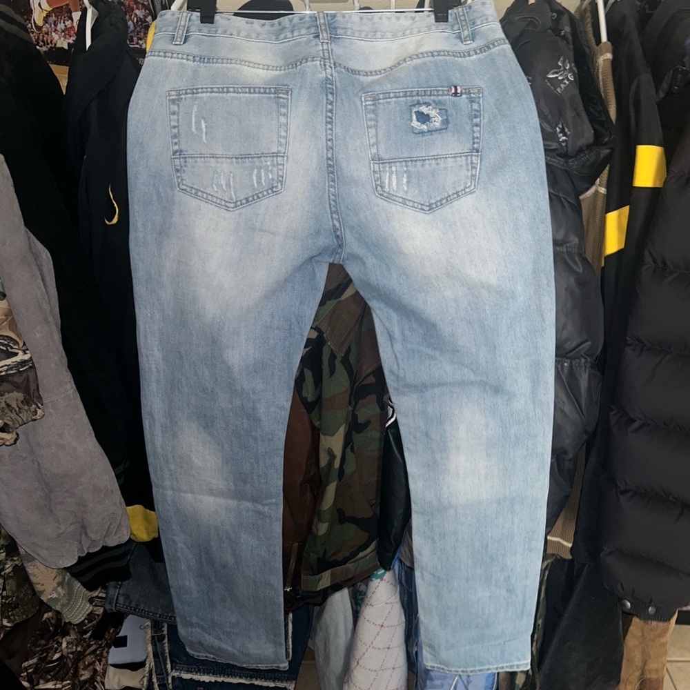 Y2K American Rag Patchwork Light Wash Jeans Mens 34x32 - Picture 2 of 5